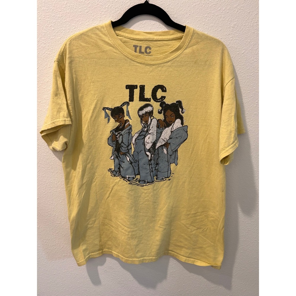 TLC Graphic T-Shirt Large Yellow 90s R&B Hip Hop Cartoon Band‎ Tee Cotton